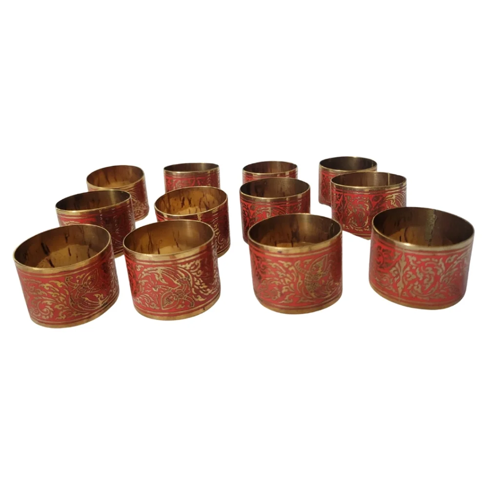 Vintage Thai Napkin Rings Lot Of 12 Brass Red Enamel Traditional Boho Dinner